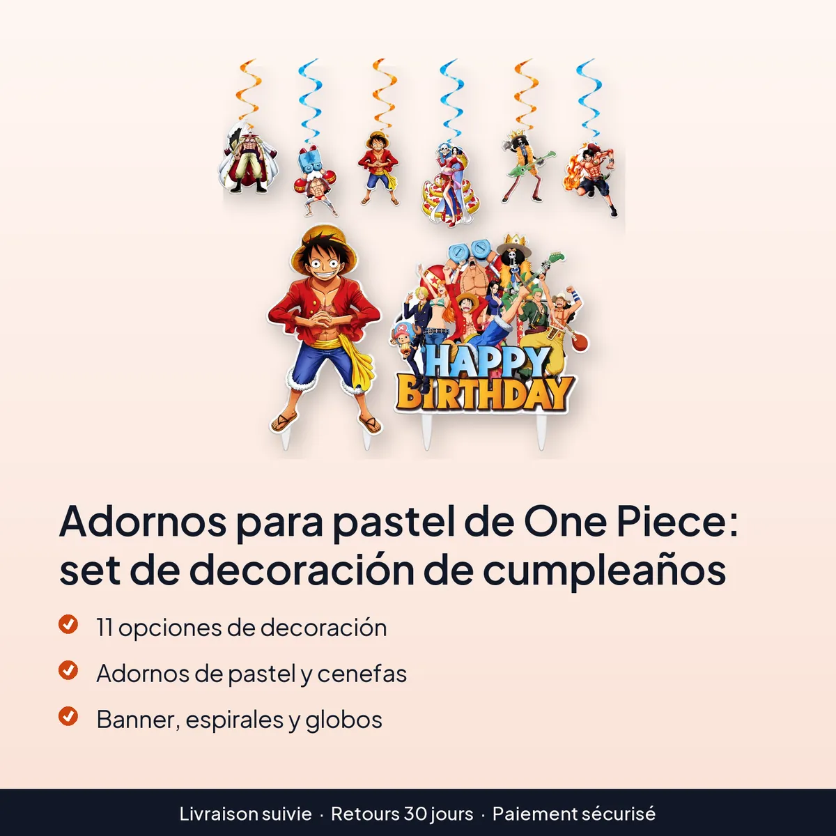 Adornos para pastel de One Piece: set de decoración de cumpleaños : 11 opciones de decoración, adornos de pastel y cenefas, banner, espirales y globos