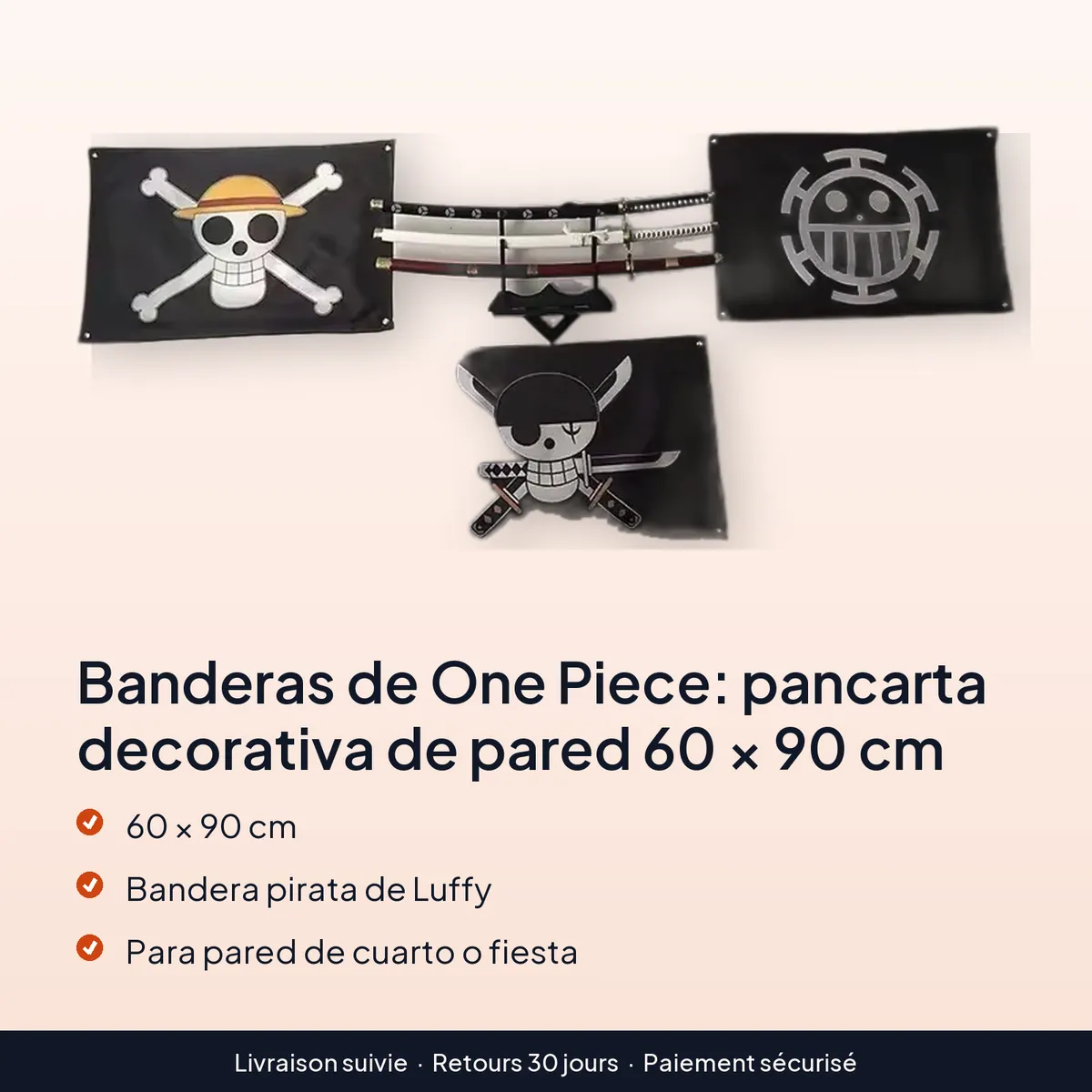 Banderas de One Piece: pancarta decorativa de pared 60 × 90 cm : 60 × 90 cm, bandera pirata de luffy, para pared de cuarto o fiesta