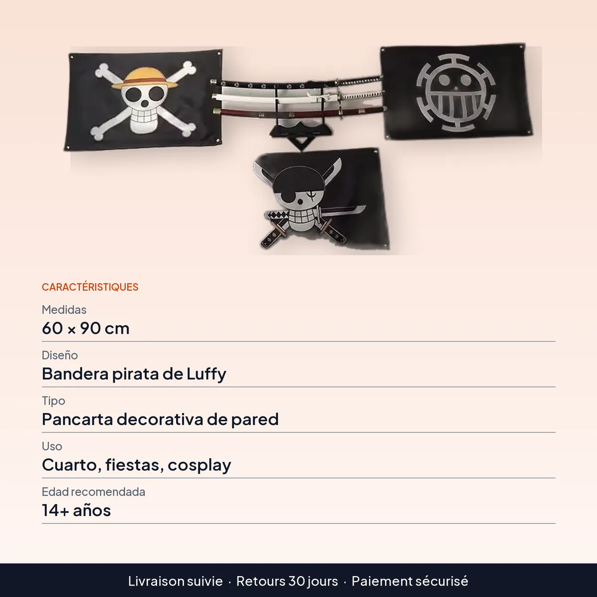Banderas de One Piece: pancarta decorativa de pared 60 × 90 cm : caractéristiques