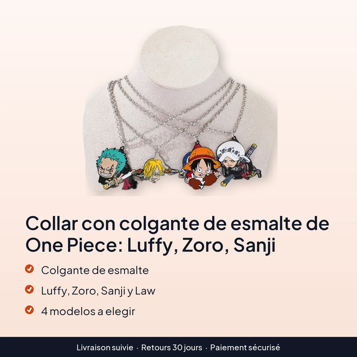 Collar con colgante de esmalte de One Piece: Luffy, Zoro, Sanji : colgante de esmalte, luffy, zoro, sanji y law, 4 modelos a elegir