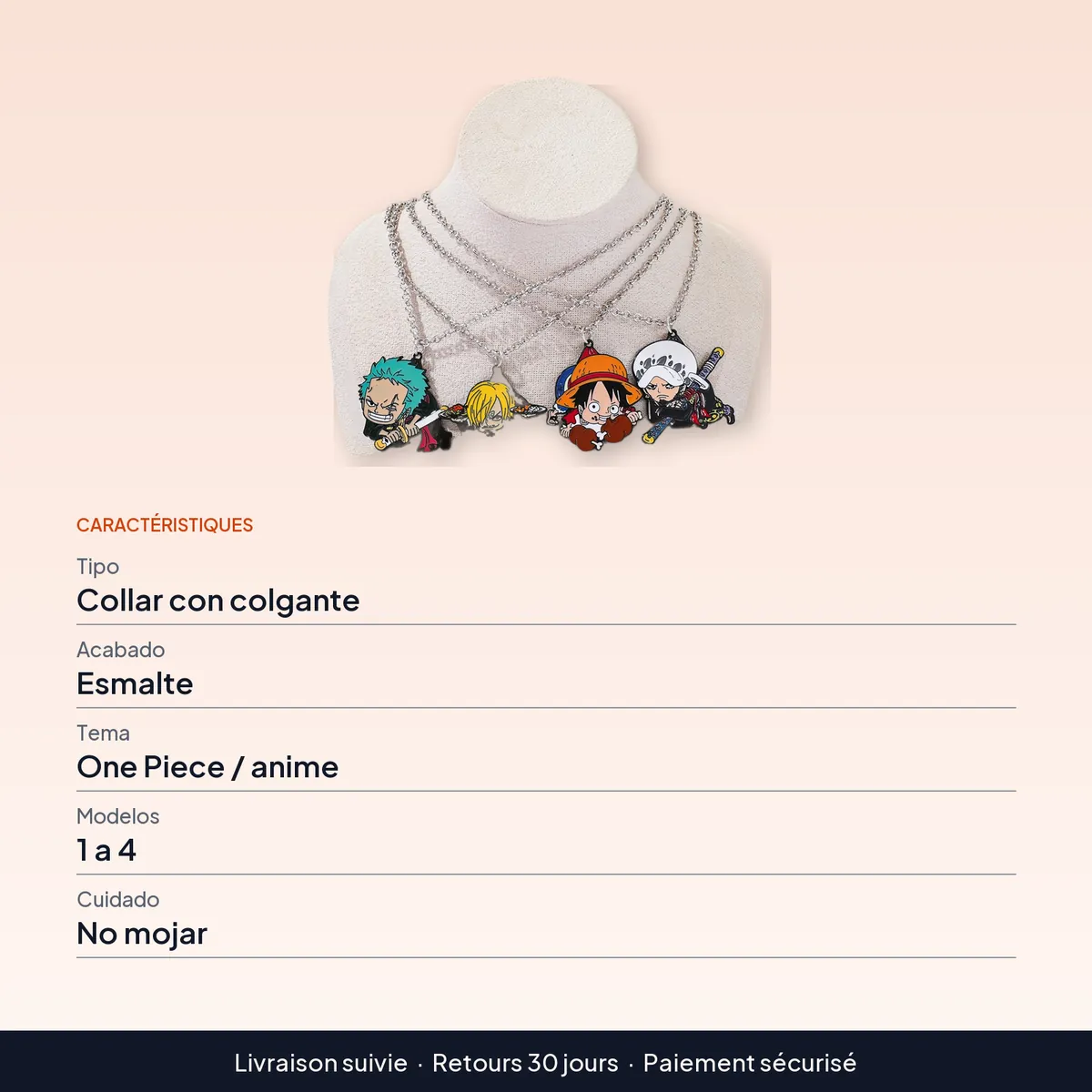 Collar con colgante de esmalte de One Piece: Luffy, Zoro, Sanji : caractéristiques