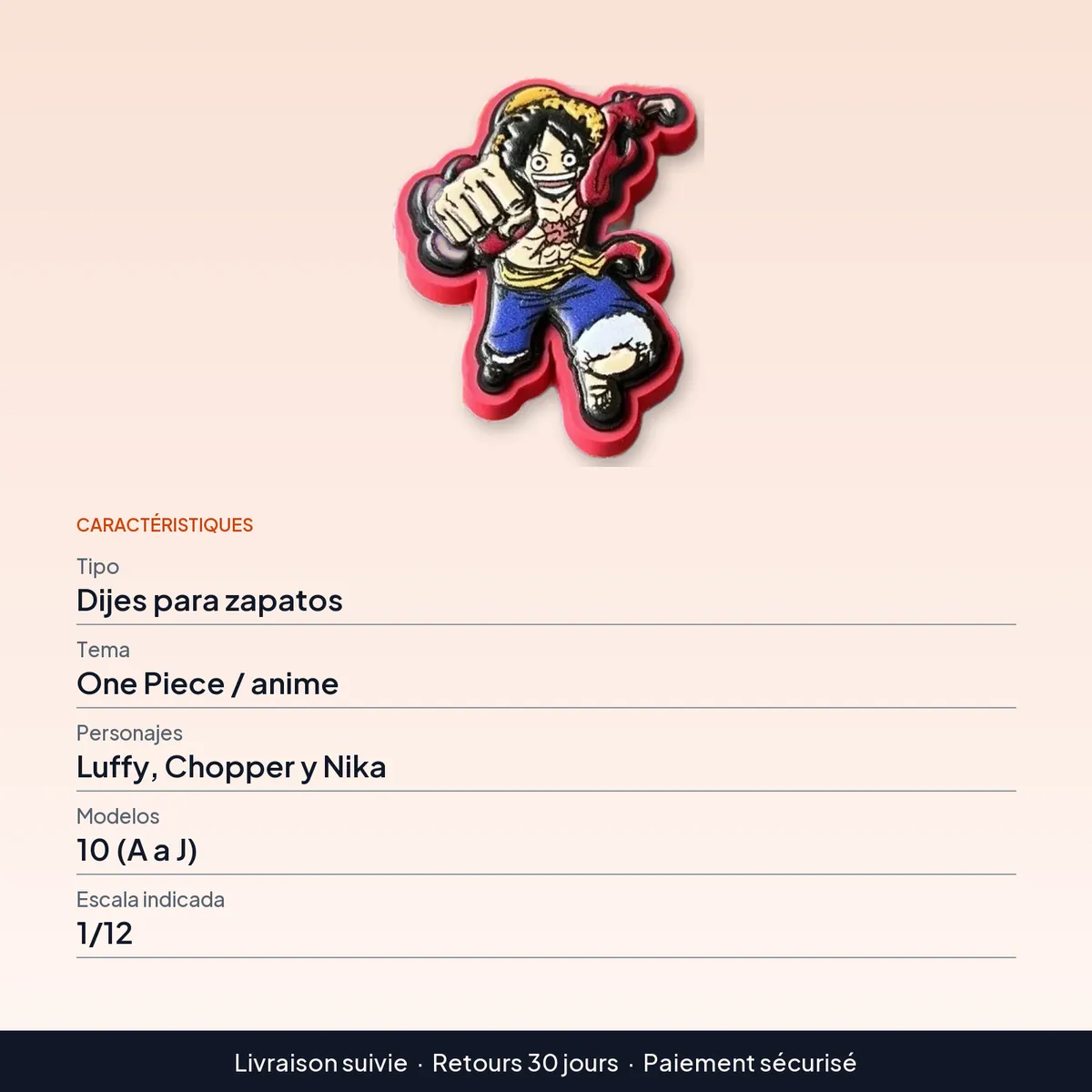 Dijes de One Piece para zapatos con Luffy, Chopper y Nika : caractéristiques