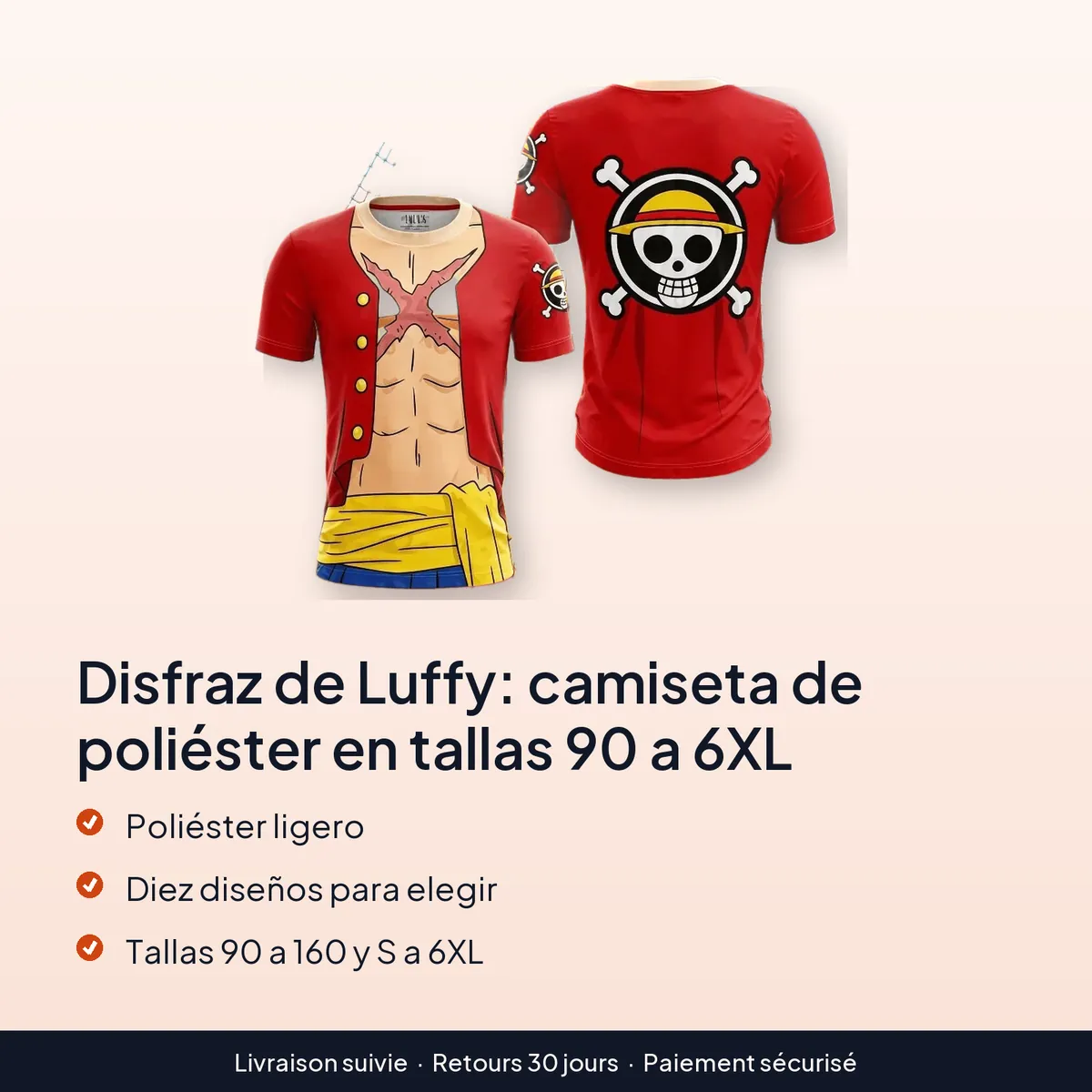 Disfraz de Luffy: camiseta de poliéster en tallas 90 a 6XL : poliéster ligero, diez diseños para elegir, tallas 90 a 160 y s a 6xl