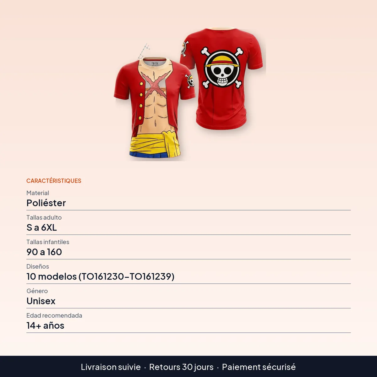 Disfraz de Luffy: camiseta de poliéster en tallas 90 a 6XL : caractéristiques