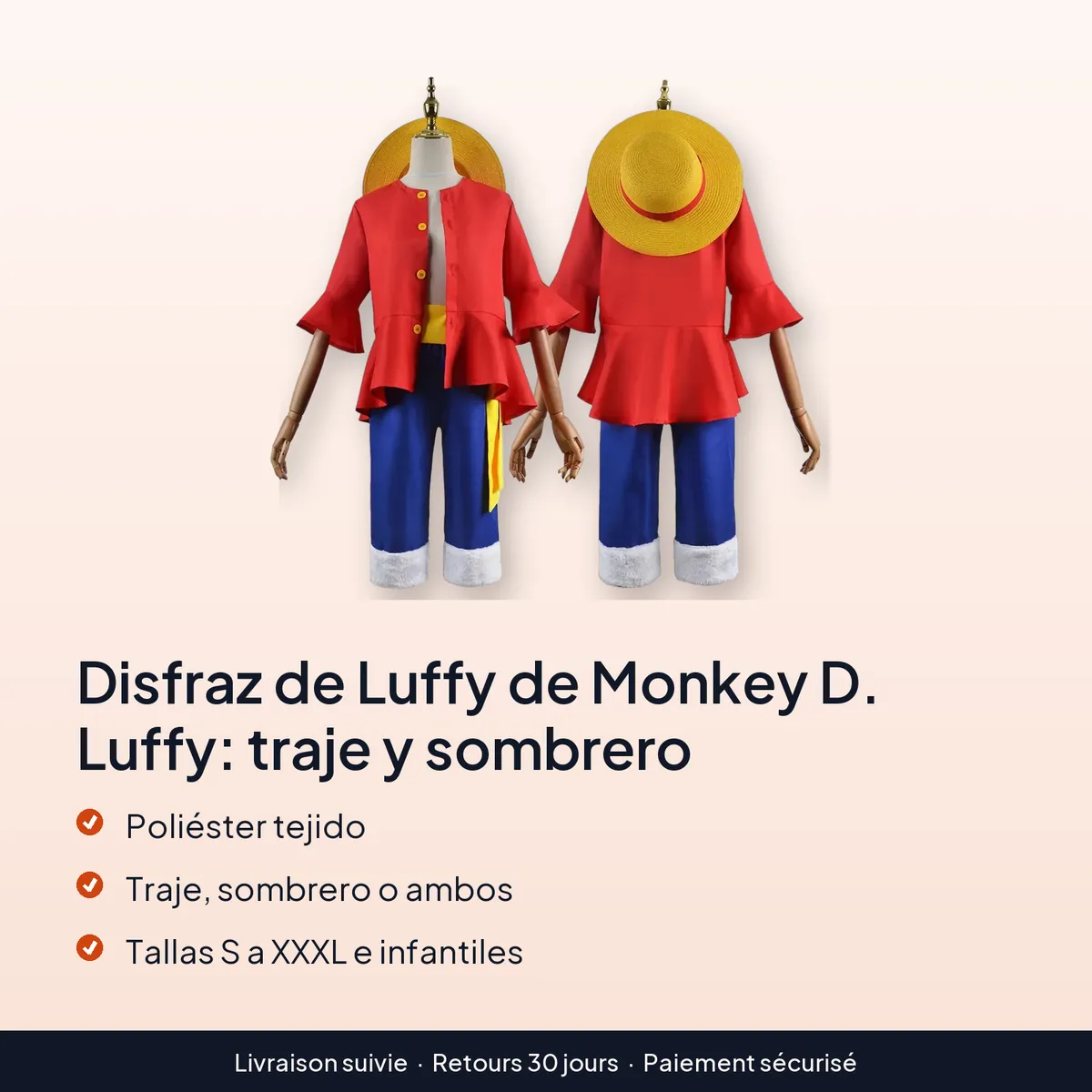 Disfraz de Luffy de Monkey D. Luffy: traje y sombrero : poliéster tejido, traje, sombrero o ambos, tallas s a xxxl e infantiles