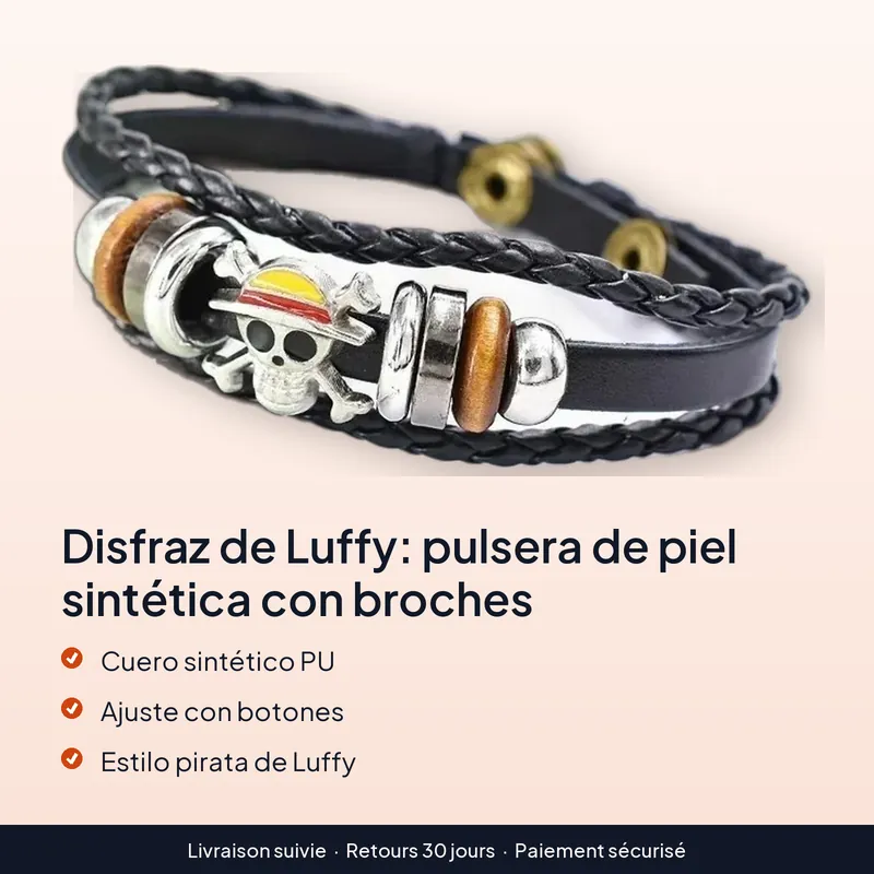 Disfraz de Luffy: pulsera de piel sintética con broches – Accesorio, no disfraz completo