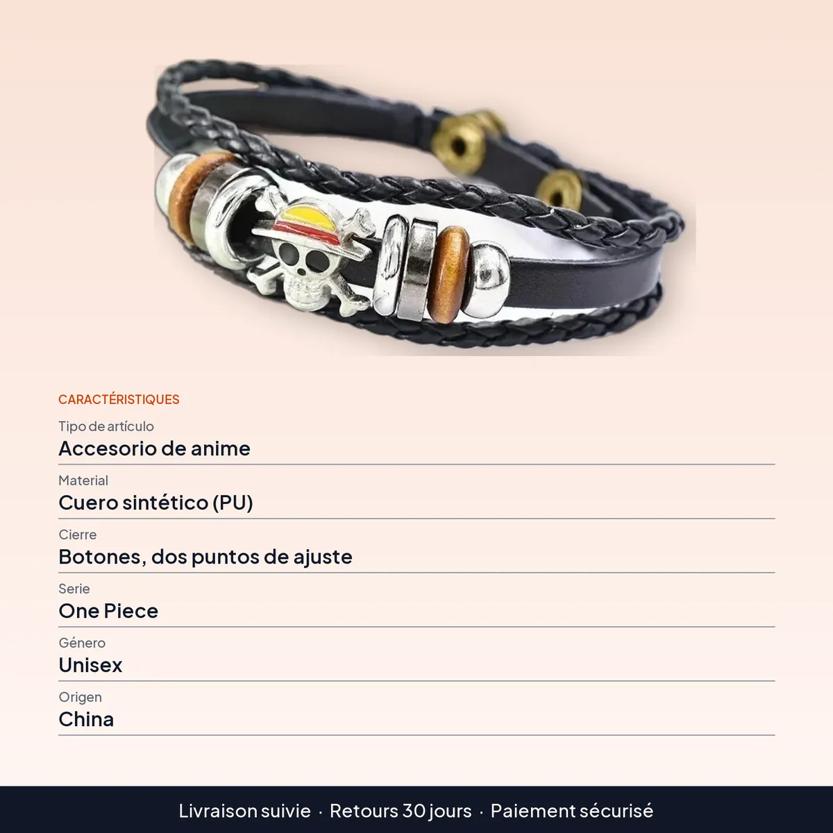 Disfraz de Luffy: pulsera de piel sintética con broches : caractéristiques