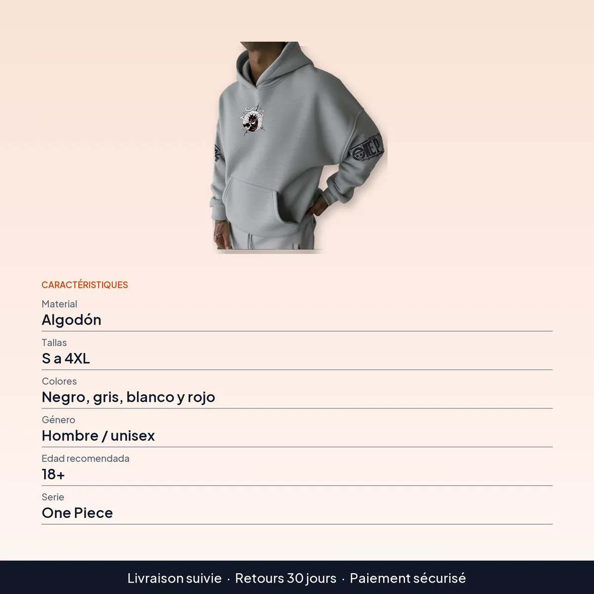 Disfraz de Luffy: sudadera con capucha de algodón, hasta 4XL : caractéristiques