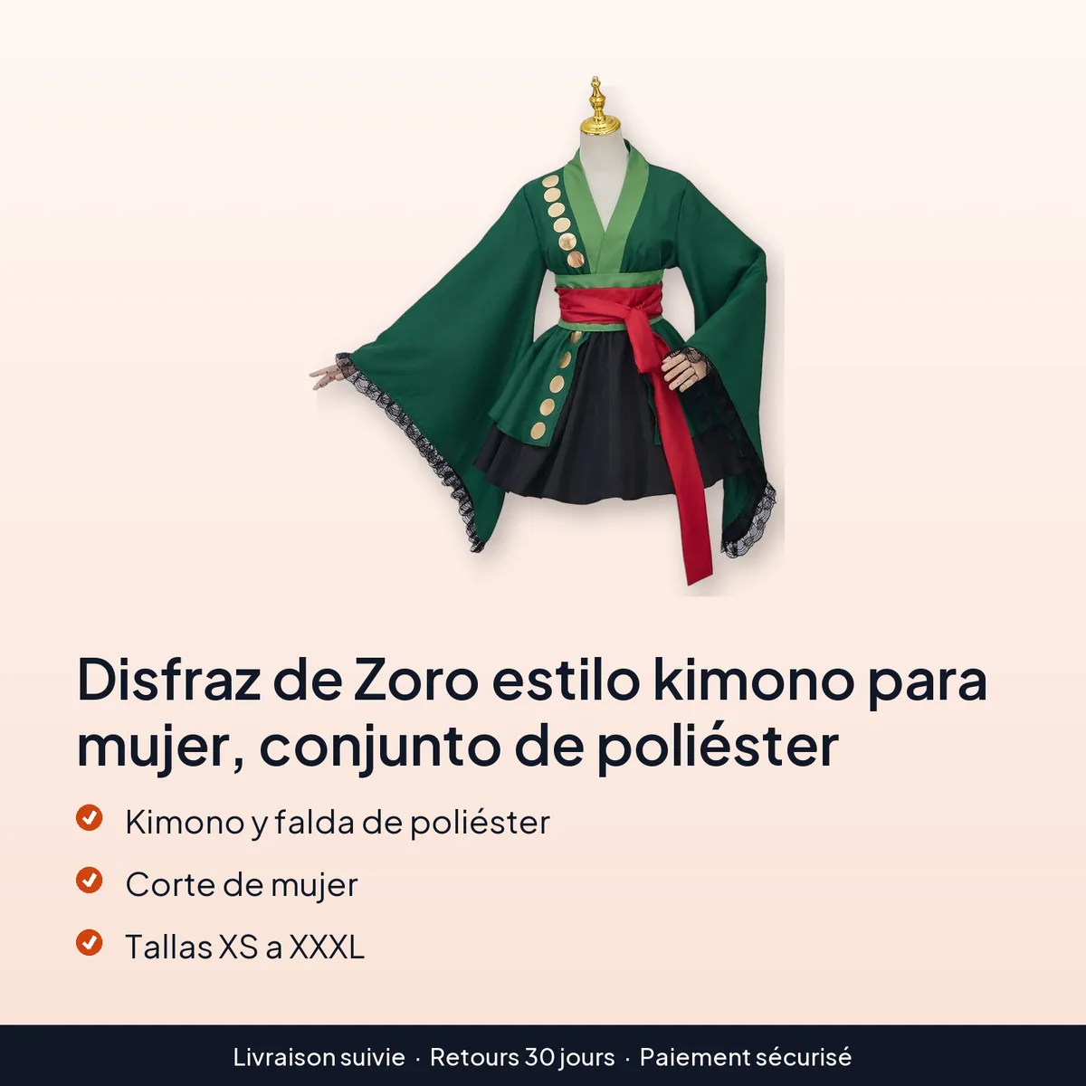 Disfraz de Zoro estilo kimono para mujer, conjunto de poliéster : kimono y falda de poliéster, corte de mujer, tallas xs a xxxl