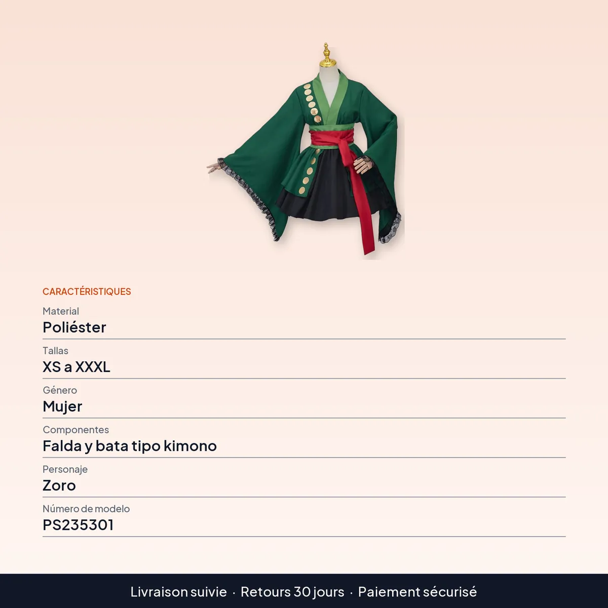 Disfraz de Zoro estilo kimono para mujer, conjunto de poliéster : caractéristiques