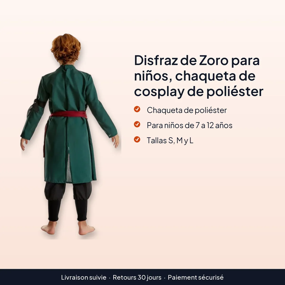 Disfraz de Zoro para niños, chaqueta de cosplay de poliéster : chaqueta de poliéster, para niños de 7 a 12 años, tallas s, m y l