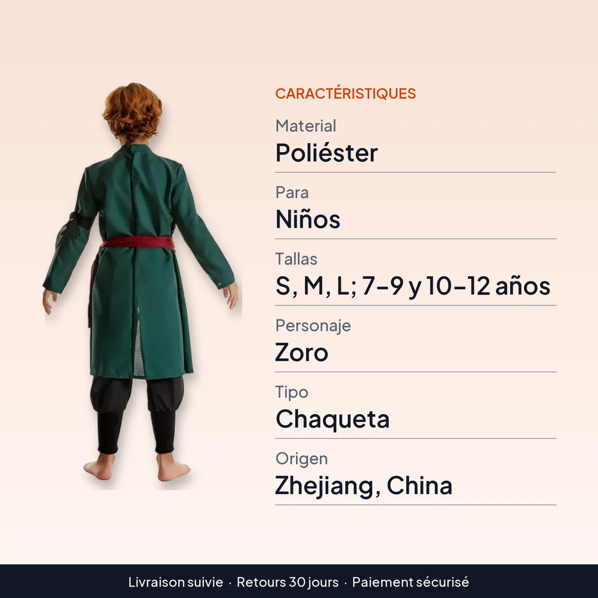 Disfraz de Zoro para niños, chaqueta de cosplay de poliéster : caractéristiques