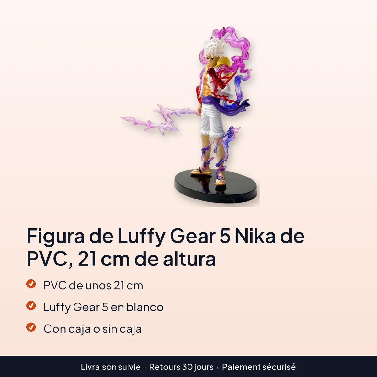 Figura de Luffy Gear 5 Nika de PVC, 21 cm de altura : pvc de unos 21 cm, luffy gear 5 en blanco, con caja o sin caja