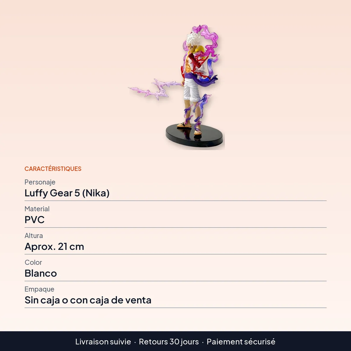 Figura de Luffy Gear 5 Nika de PVC, 21 cm de altura : caractéristiques