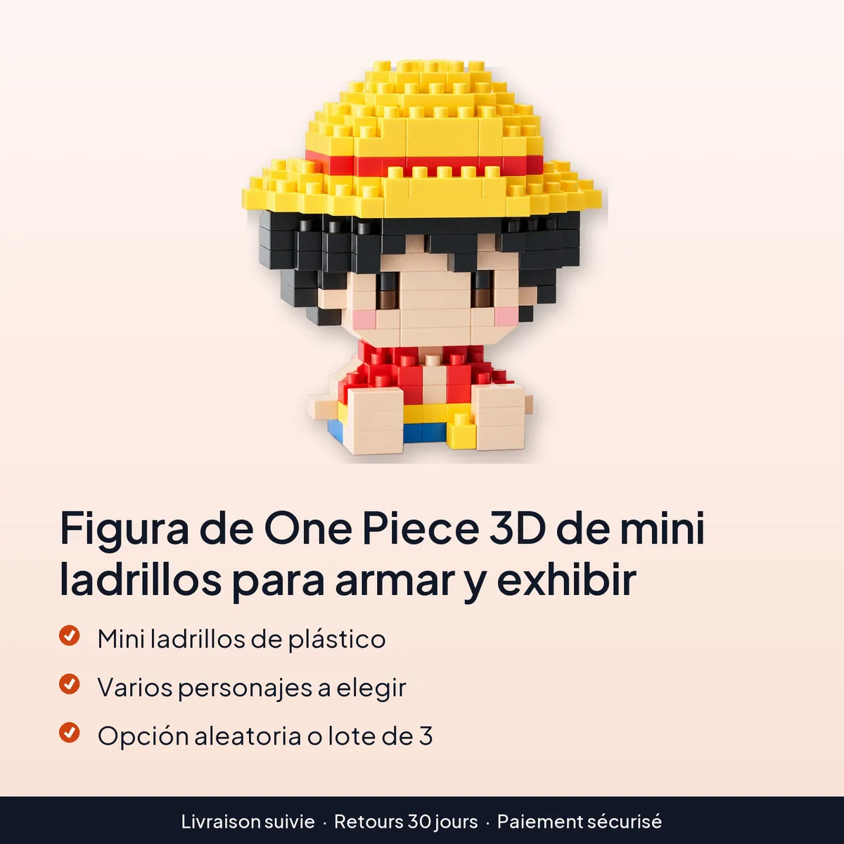 Figura de One Piece 3D de mini ladrillos para armar y exhibir : mini ladrillos de plástico, varios personajes a elegir, opción aleatoria o lote de 3