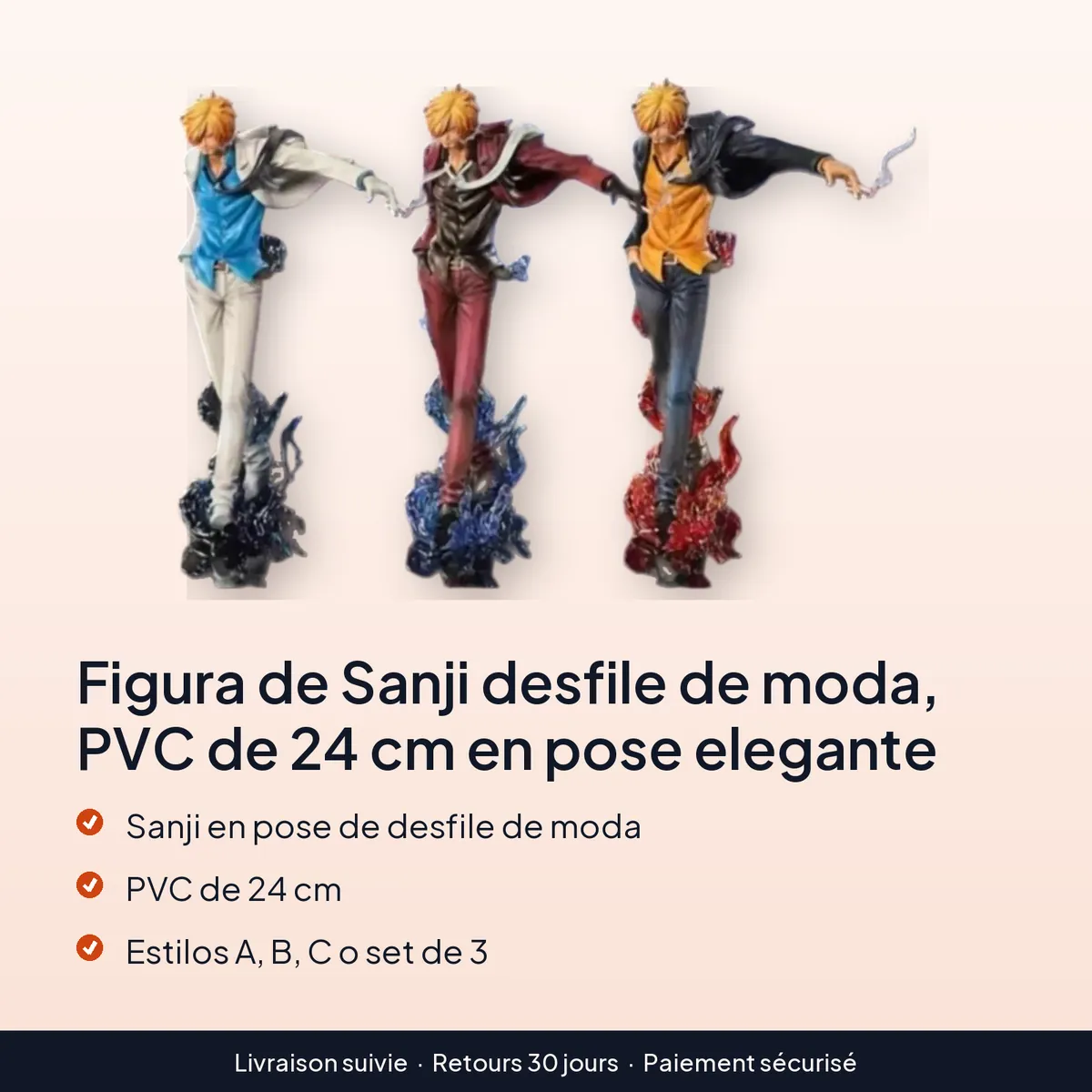 Figura de Sanji desfile de moda, PVC de 24 cm en pose elegante : sanji en pose de desfile de moda, pvc de 24 cm, estilos a, b, c o set de 3