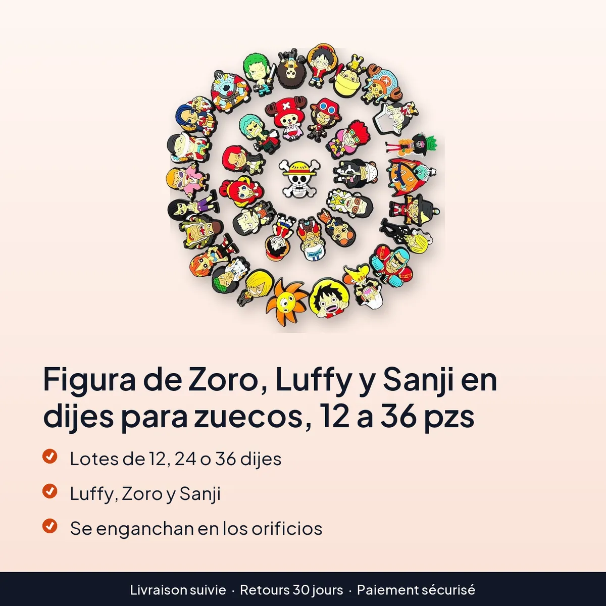 Figura de Zoro, Luffy y Sanji en dijes para zuecos, 12 a 36 pzs : lotes de 12, 24 o 36 dijes, luffy, zoro y sanji, se enganchan en los orificios