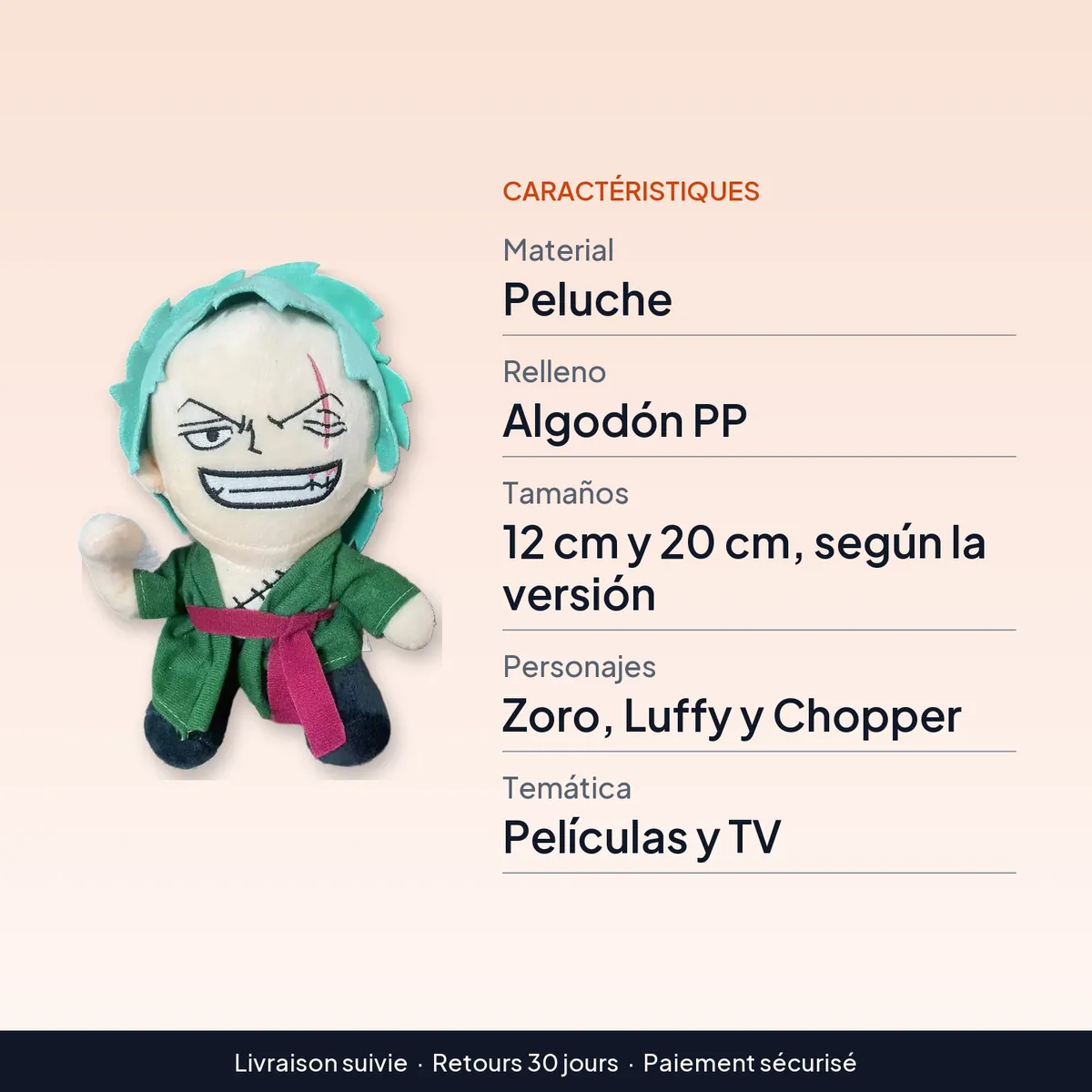 Figura de Zoro de peluche, también Luffy y Chopper, 12 a 20 cm : caractéristiques