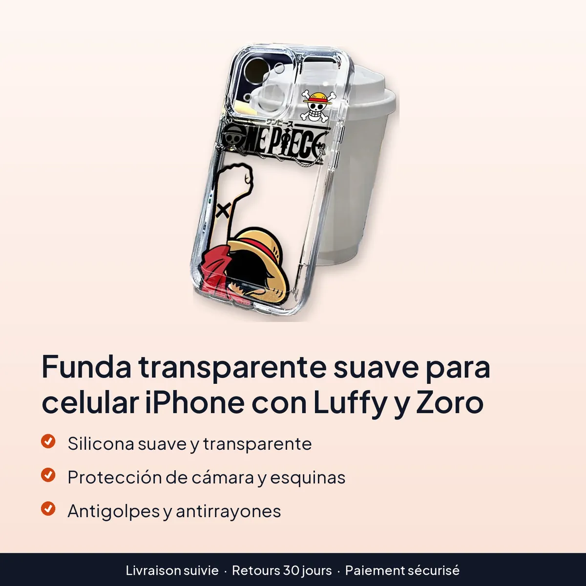 Funda transparente suave para celular iPhone con Luffy y Zoro : silicona suave y transparente, protección de cámara y esquinas, antigolpes y antirrayones