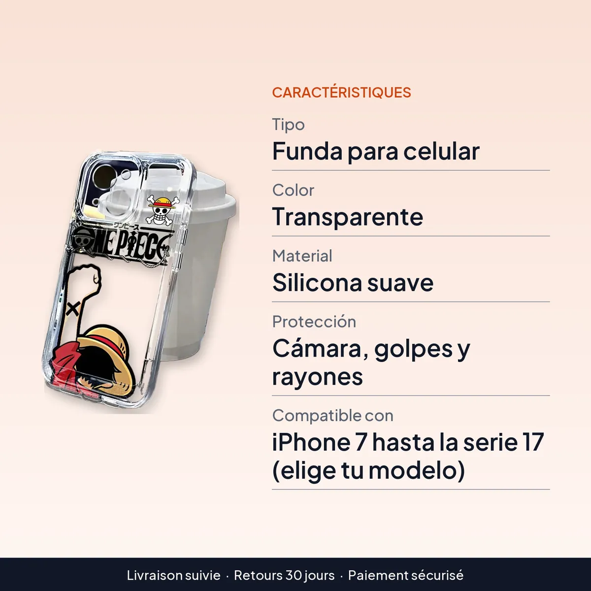 Funda transparente suave para celular iPhone con Luffy y Zoro : caractéristiques