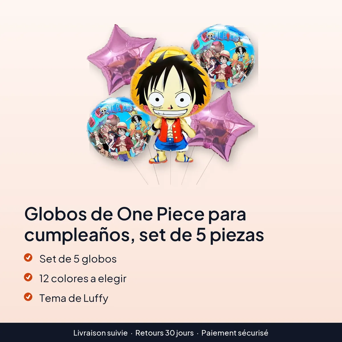 Globos de One Piece para cumpleaños, set de 5 piezas : set de 5 globos, 12 colores a elegir, tema de luffy