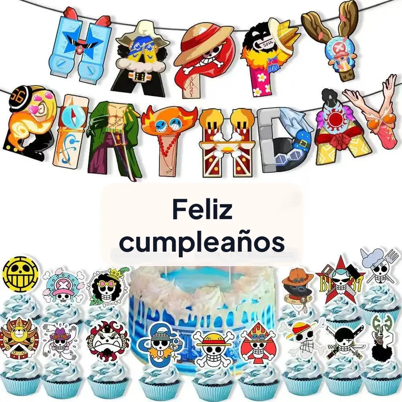 Globos de One Piece para fiesta con banner y adorno de pastel – Luffy y Zoro como protagonistas