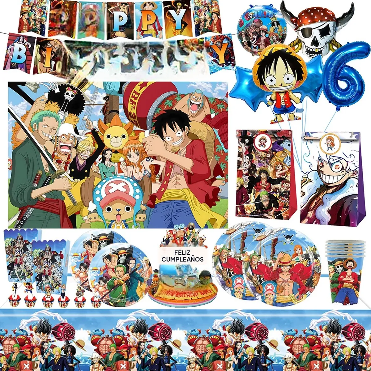 Globos de One Piece y vajilla de fiesta: platos, vasos y banner – vue 2