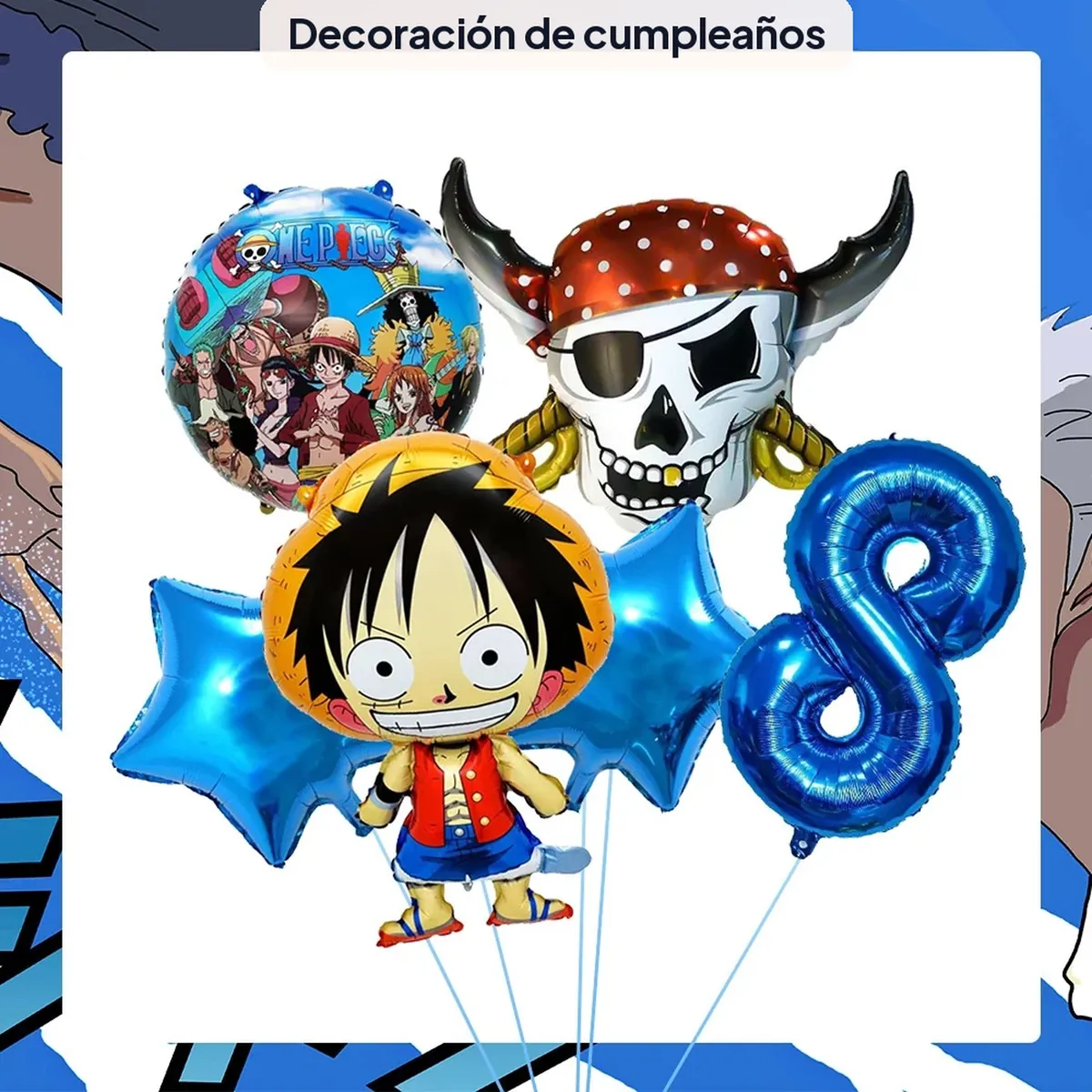 Globos de One Piece y vajilla de fiesta: platos, vasos y banner – vue 3
