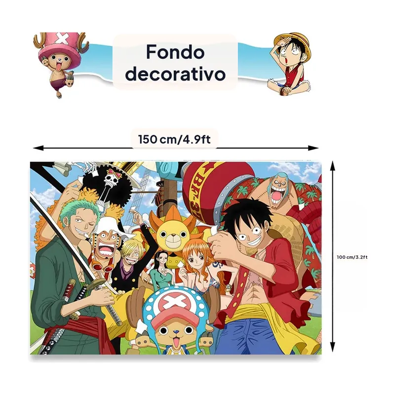 Globos de One Piece y vajilla de fiesta: platos, vasos y banner – Material de papel y edad 14+