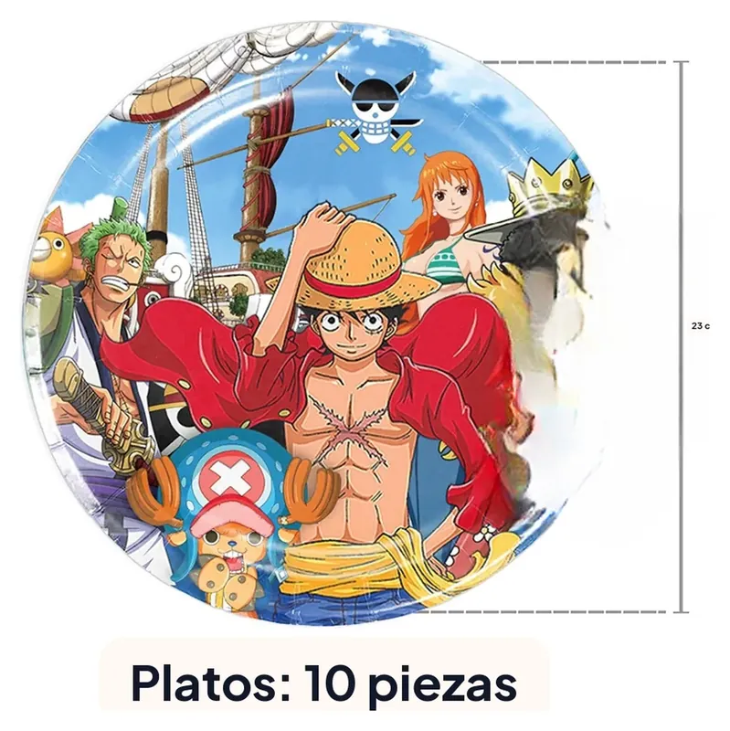 Globos de One Piece y vajilla de fiesta: platos, vasos y banner