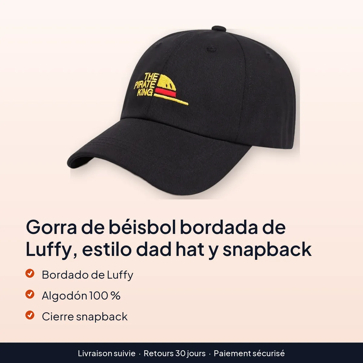 Gorra de béisbol bordada de Luffy, estilo dad hat y snapback : bordado de luffy, algodón 100 %, cierre snapback