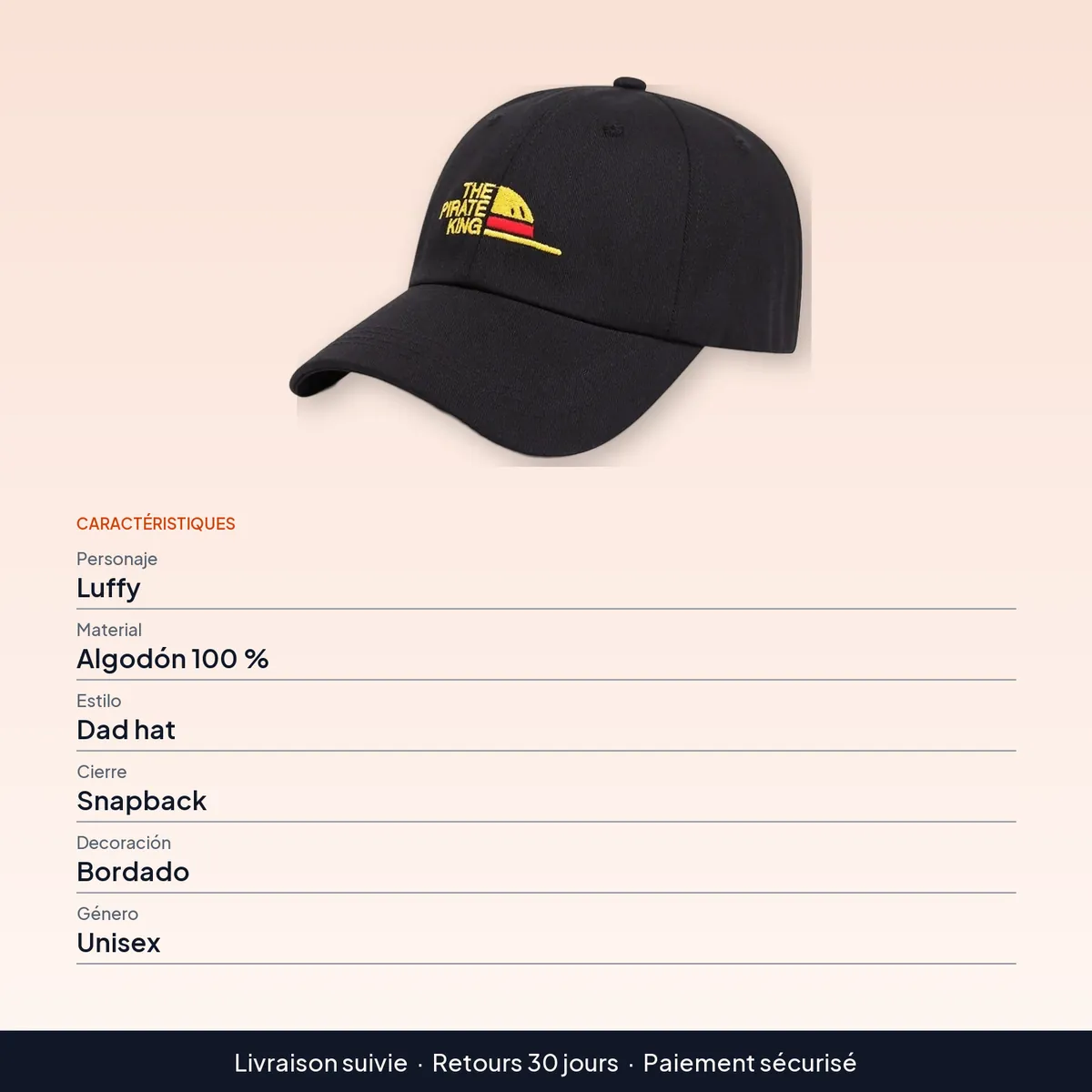 Gorra de béisbol bordada de Luffy, estilo dad hat y snapback : caractéristiques