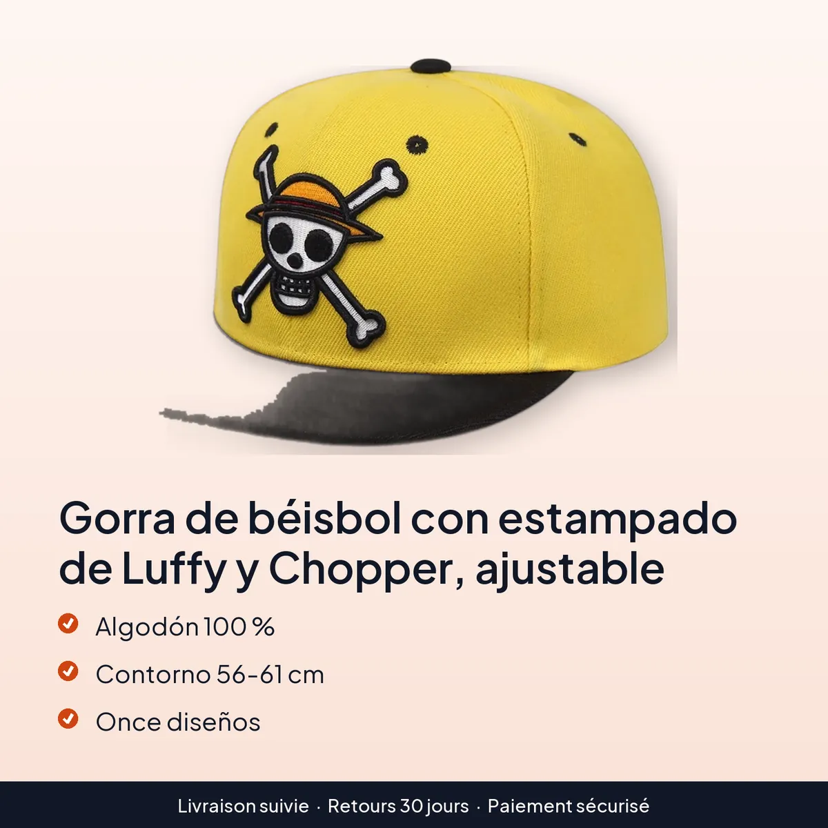 Gorra de béisbol con estampado de Luffy y Chopper, ajustable : algodón 100 %, contorno 56-61 cm, once diseños