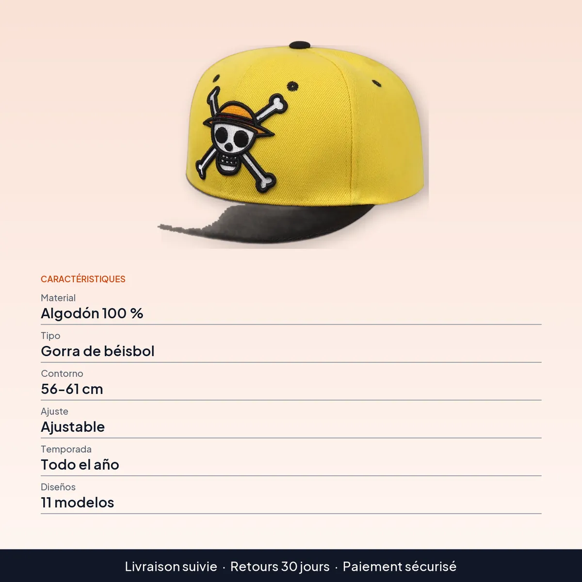 Gorra de béisbol con estampado de Luffy y Chopper, ajustable : caractéristiques