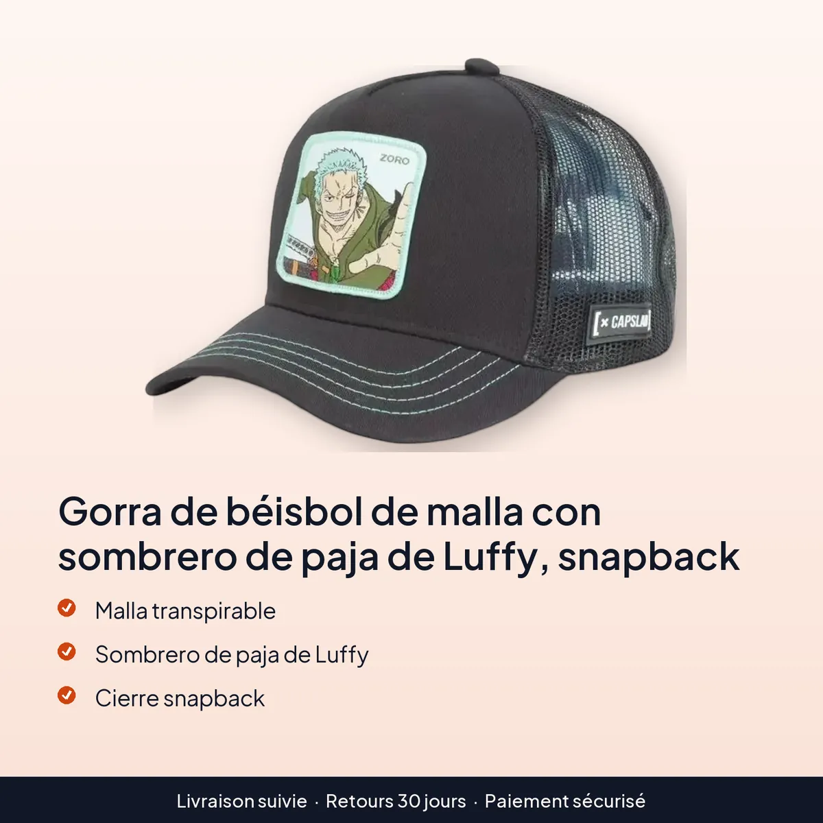 Gorra de béisbol de malla con sombrero de paja de Luffy, snapback : malla transpirable, sombrero de paja de luffy, cierre snapback