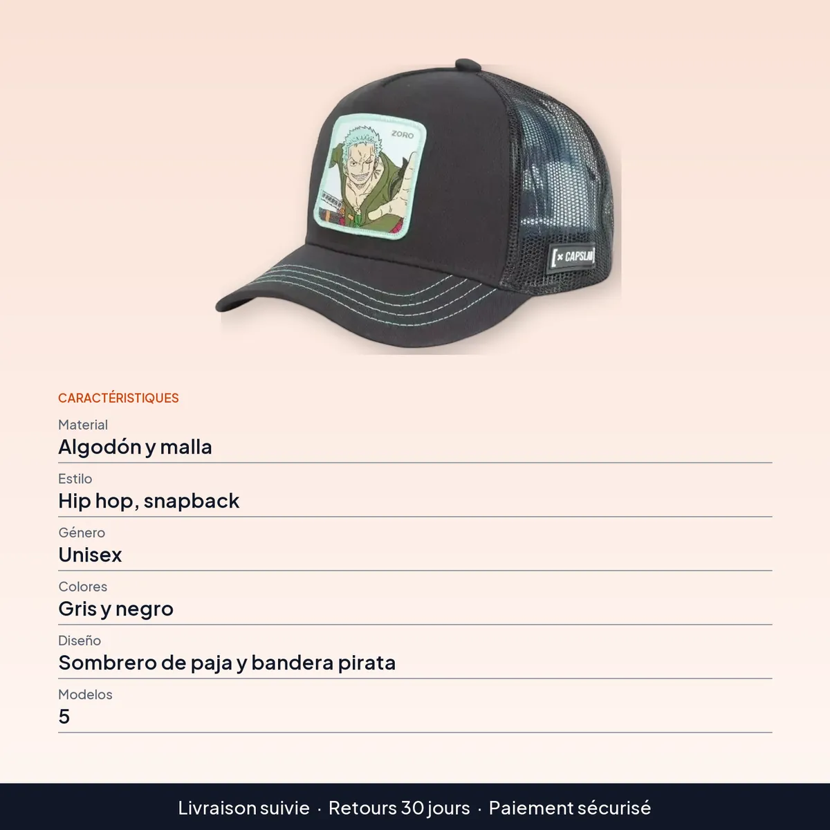 Gorra de béisbol de malla con sombrero de paja de Luffy, snapback : caractéristiques
