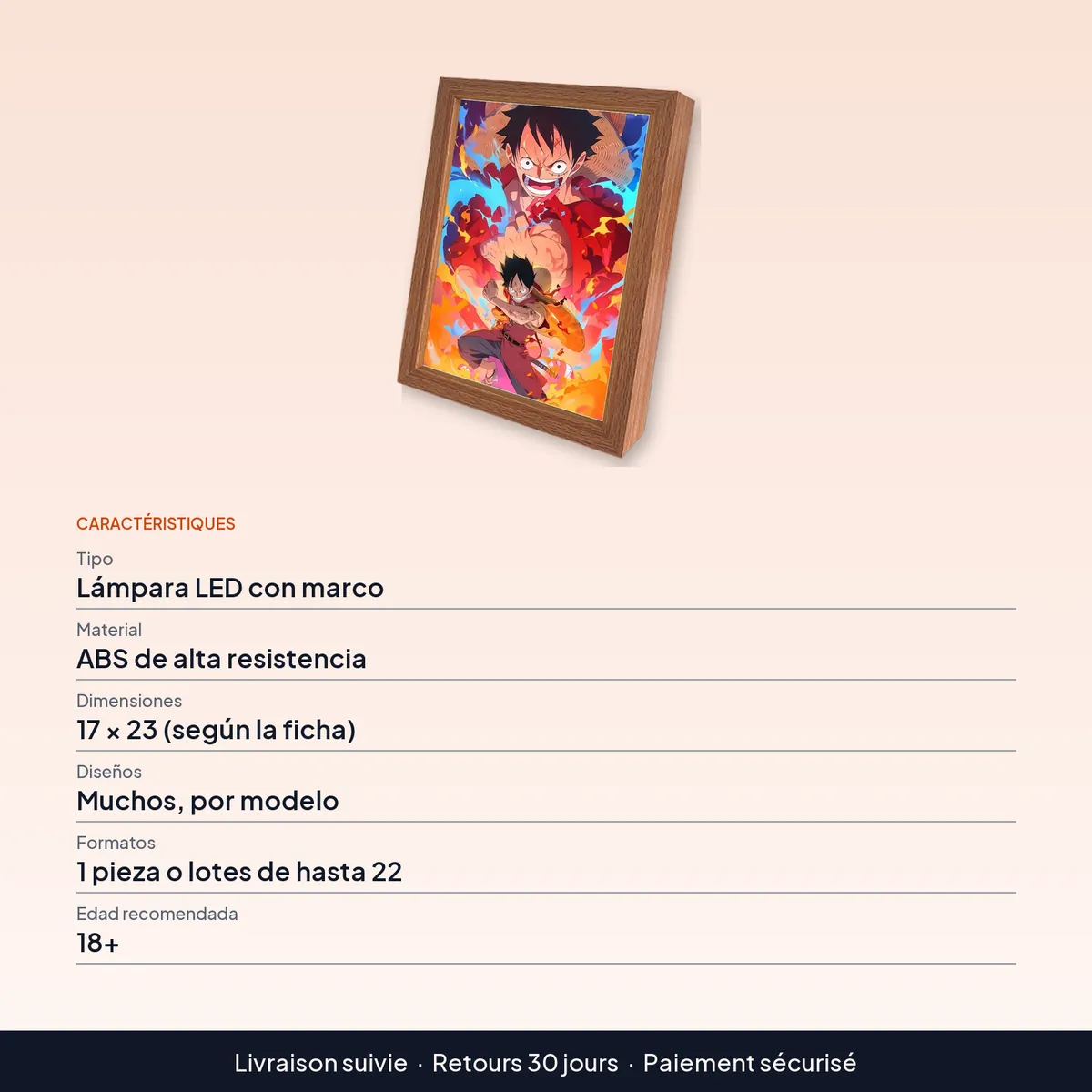 Lámpara de One Piece y anime con marco LED animado : caractéristiques