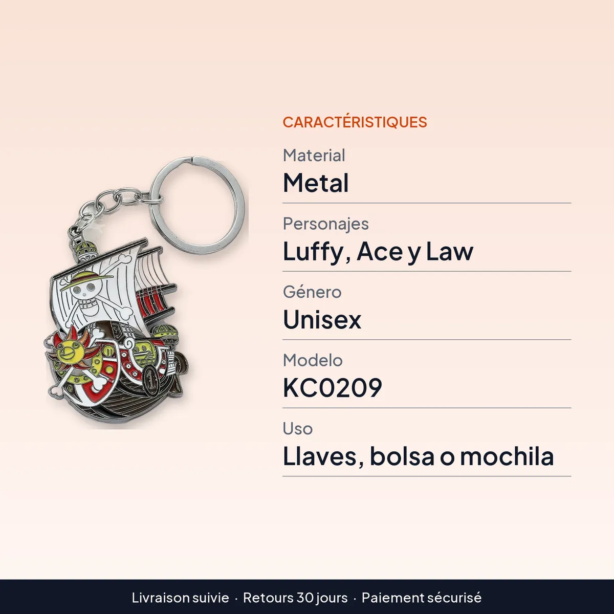 Llavero de metal de One Piece con Luffy, Ace y Law : caractéristiques