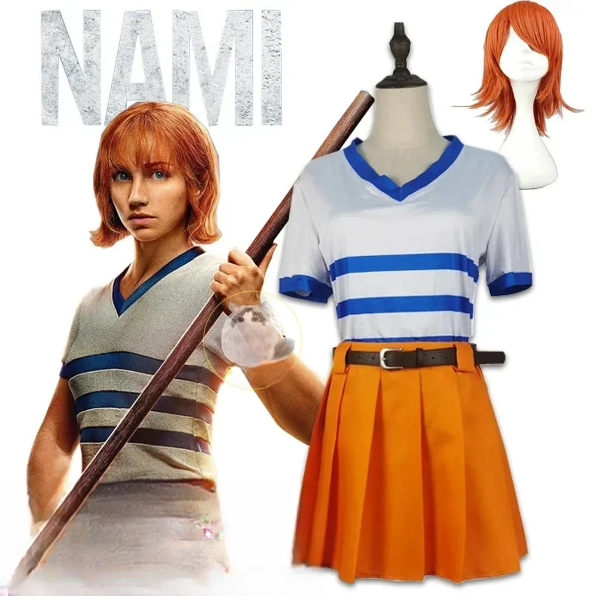 Peluca y disfraz de Nami de One Piece, uniforme en 5 tallas – vue 2