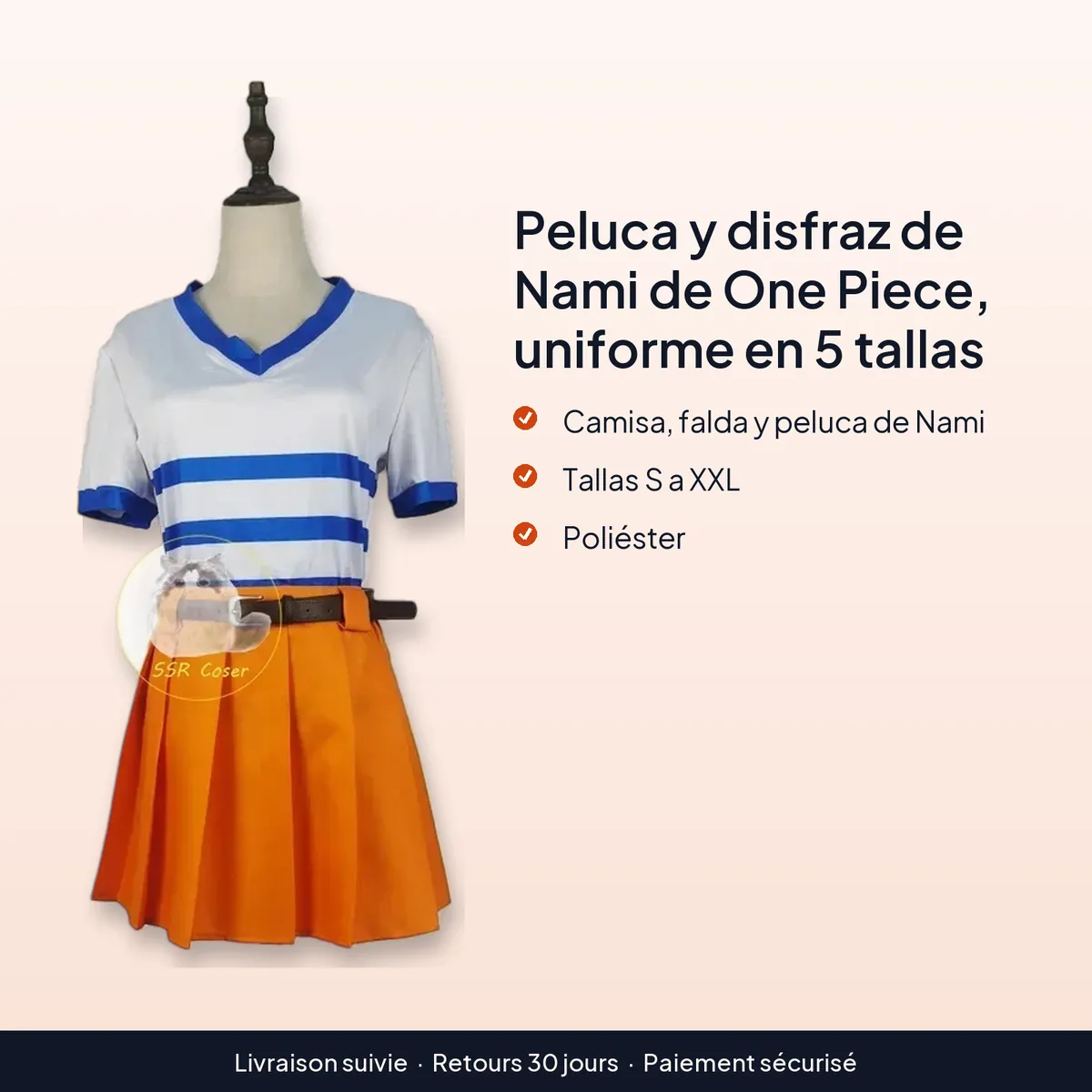 Peluca y disfraz de Nami de One Piece, uniforme en 5 tallas : camisa, falda y peluca de nami, tallas s a xxl, poliéster