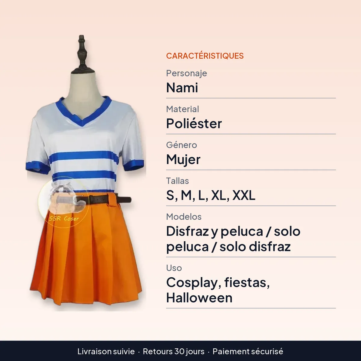 Peluca y disfraz de Nami de One Piece, uniforme en 5 tallas : caractéristiques