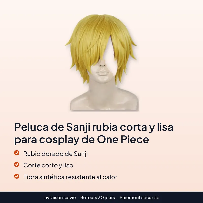 Peluca de Sanji rubia corta y lisa para cosplay de One Piece – Para convenciones, fotos y Halloween