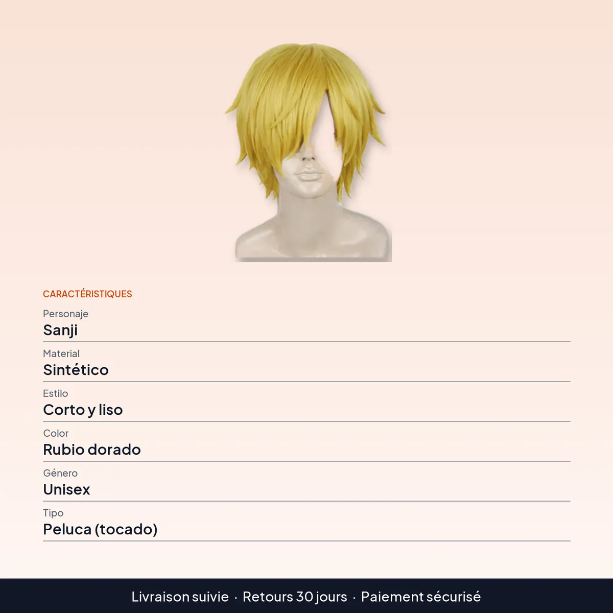 Peluca de Sanji rubia corta y lisa para cosplay de One Piece : caractéristiques