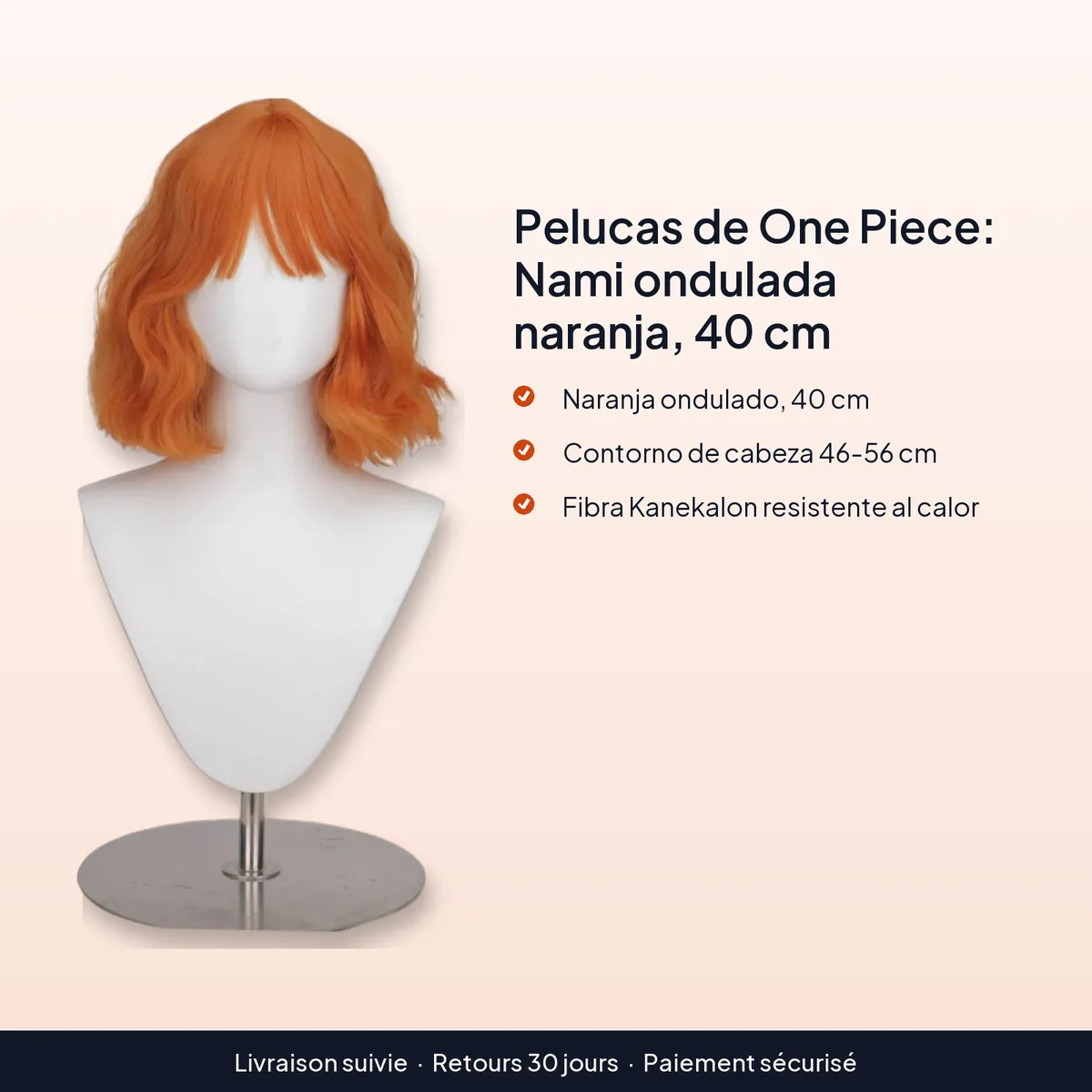 Pelucas de One Piece: Nami ondulada naranja, 40 cm : naranja ondulado, 40 cm, contorno de cabeza 46-56 cm, fibra kanekalon resistente al calor