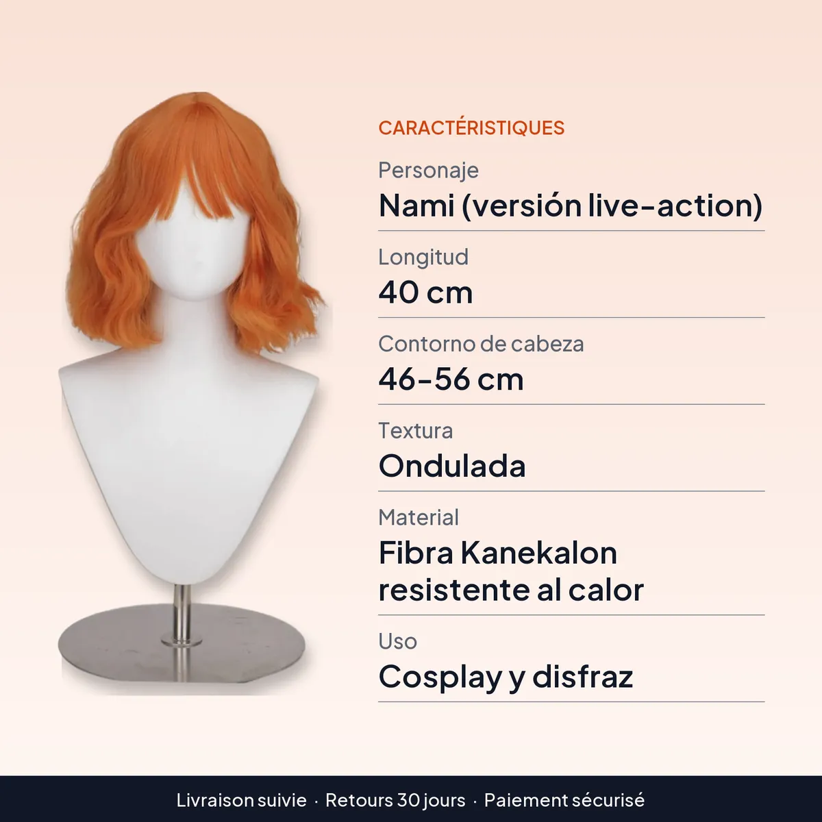 Pelucas de One Piece: Nami ondulada naranja, 40 cm : caractéristiques