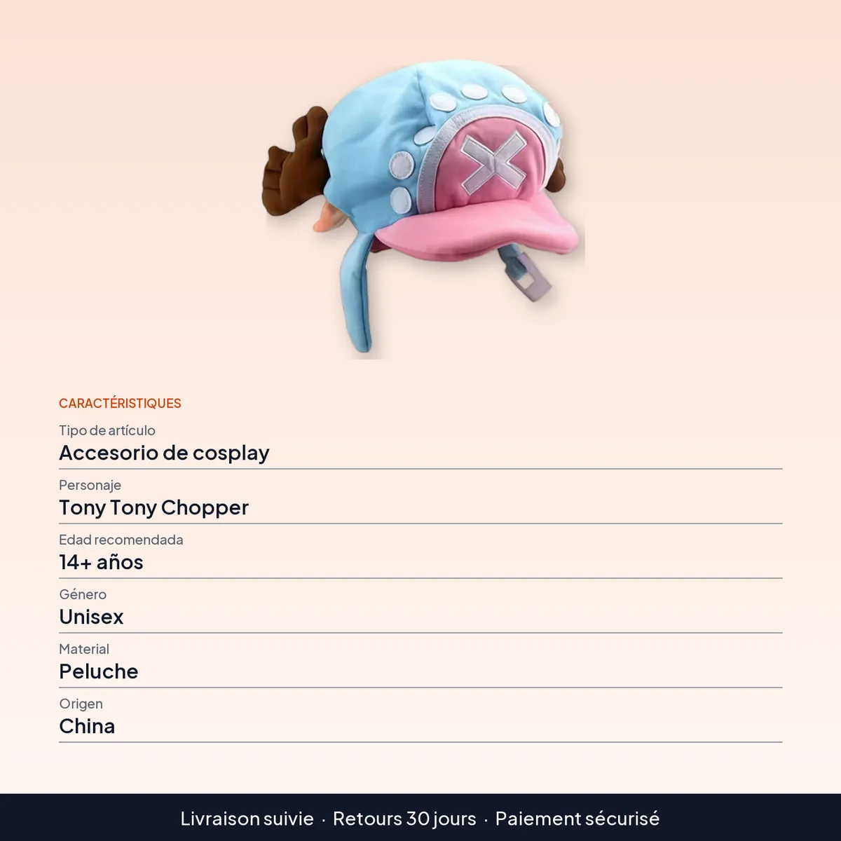 Peluche de Chopper: gorro de felpa para cosplay y fiestas : caractéristiques