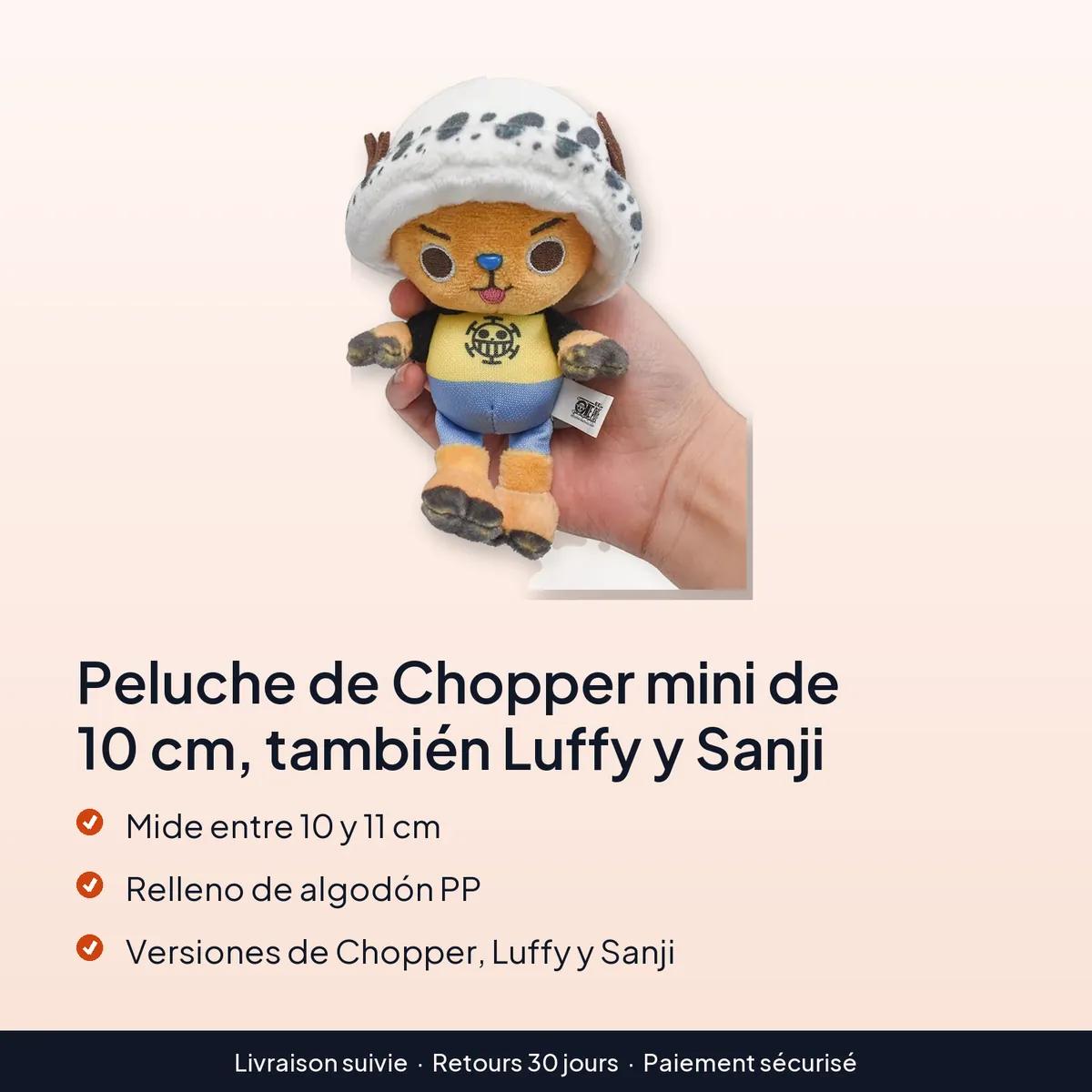 Peluche de Chopper mini de 10 cm, también Luffy y Sanji : mide entre 10 y 11 cm, relleno de algodón pp, versiones de chopper, luffy y sanji