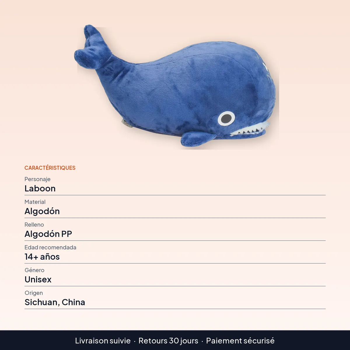 Peluche de Laboon, la ballena de One Piece, suave y de algodón : caractéristiques