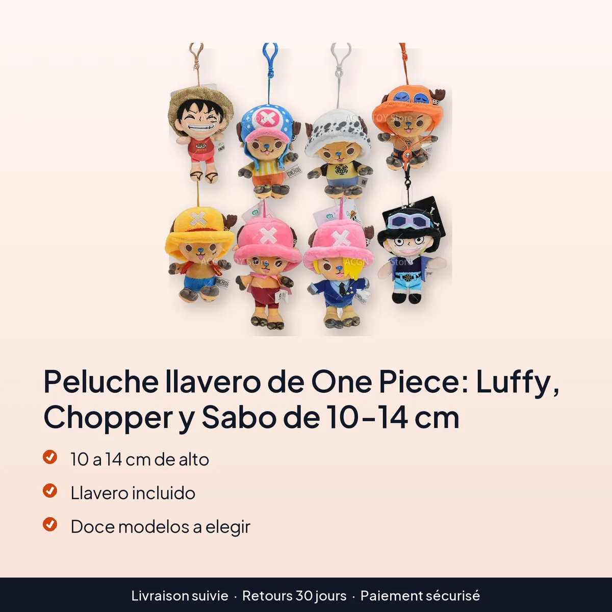 Peluche llavero de One Piece: Luffy, Chopper y Sabo de 10-14 cm : 10 a 14 cm de alto, llavero incluido, doce modelos a elegir