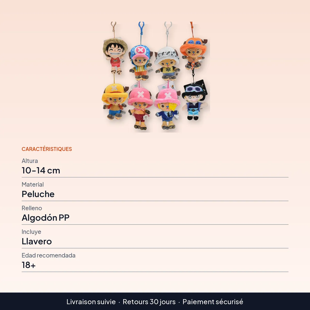 Peluche llavero de One Piece: Luffy, Chopper y Sabo de 10-14 cm : caractéristiques